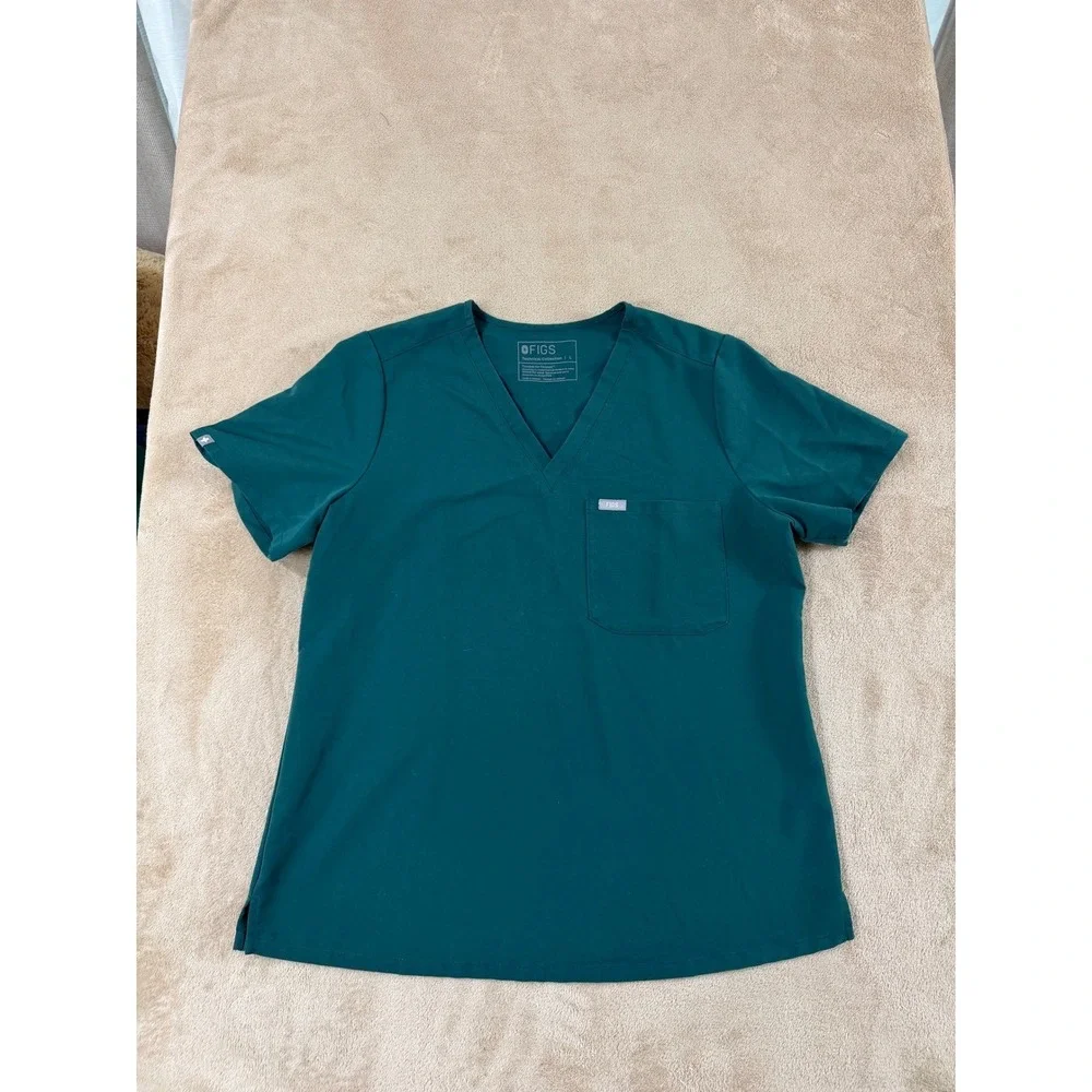 FIGS Catarina Scrub Top Womens size Large Dark Green V-Neck‎ One Pocket EUC